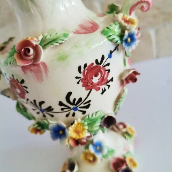 Vintage Capodimonte Style Small 7" Vase, CHIPPED Pedestal Florals Handmade Italy - Picture 5 of 10